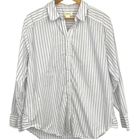 Anthropologie Maeve Button Down Shirt White Blue Striped I Love You Size Large L - Picture 2 of 10